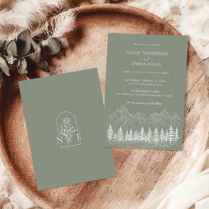 Rustieke Mountain Sketch Pine Sage Green Wedding Kaart