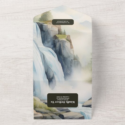 Rustieke Mountain Waterfall Boho Bruiloft All In One Uitnodiging (Buitenkant)