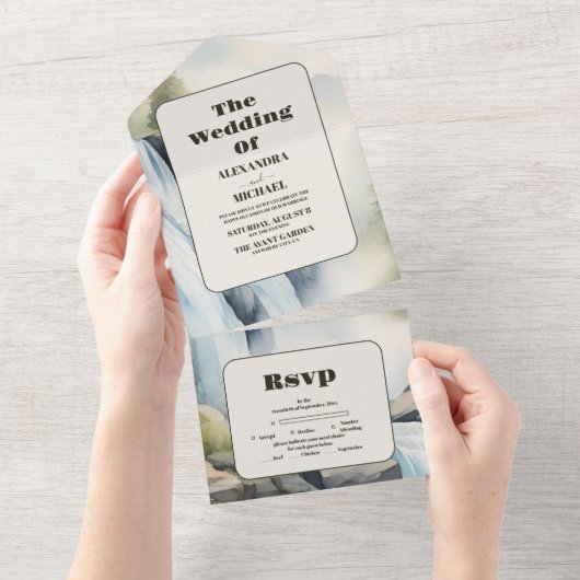 Rustieke Mountain Waterfall Boho Bruiloft All In One Uitnodiging (Afscheurbaar)