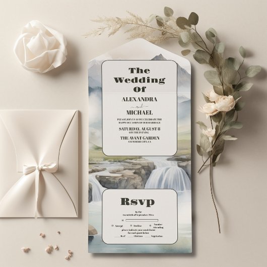Rustieke Mountain Waterfall Boho Bruiloft All In One Uitnodiging