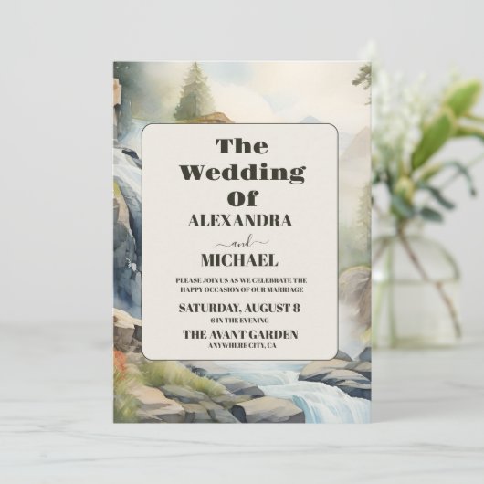 Rustieke Mountain Waterfall Boho Bruiloft Kaart (Staand voorkant)