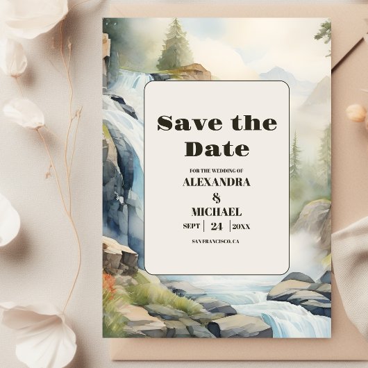Rustieke Mountain Waterfall Boho Bruiloft Save The Date