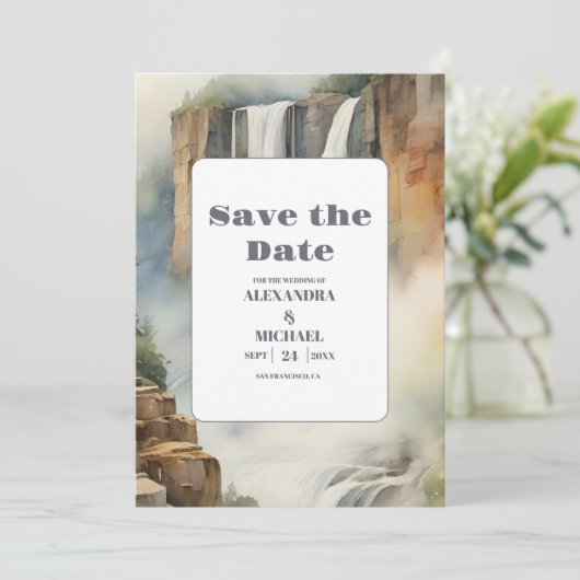 Rustieke Mountain Waterfall Bruiloft Save The Date (Staand voorkant)