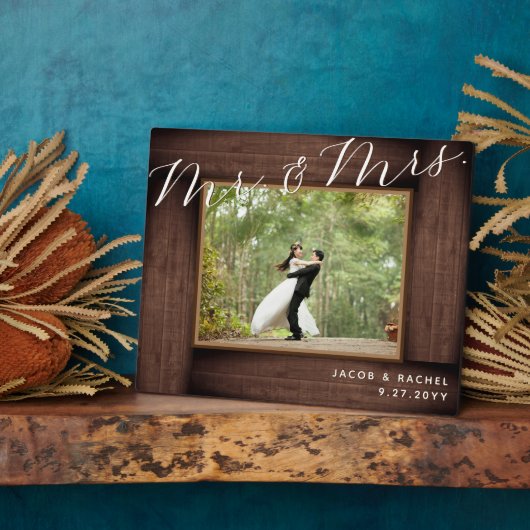 Rustieke Mr & Mrs Elegant Script trouwfoto Fotoplaat (Zijkant)