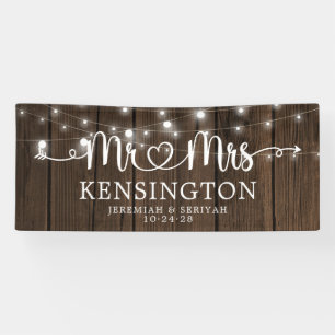 Rustieke Mr. Mrs Heart Script Lights Wood Bruiloft Spandoek