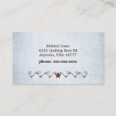 Rustieke naaikunst op lichtblauw visitekaartje (Achterkant)