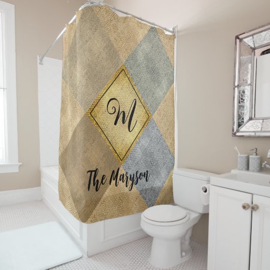 Rustieke naam Initiaal, Monogrammed Patched Burlap Douchegordijn (In situ)