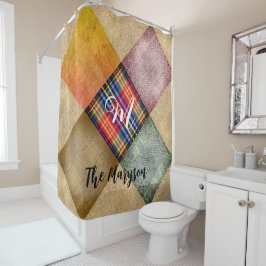 Rustieke naam Monogram Patched Plaid Jute Burlap Douchegordijn