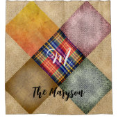 Rustieke naam Monogram Patched Plaid Jute Burlap Douchegordijn (Voorkant)