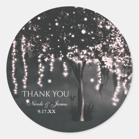 Rustieke nacht Mossy Tree Lights Bruiloft gunst Ronde Sticker (Voorkant)