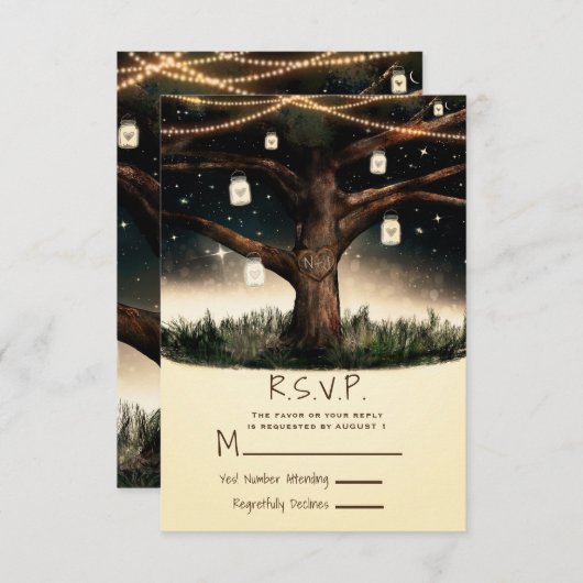 Rustieke nachtboom met lichten en potten bruiloft  RSVP kaartje (Voorkant / Achterkant)