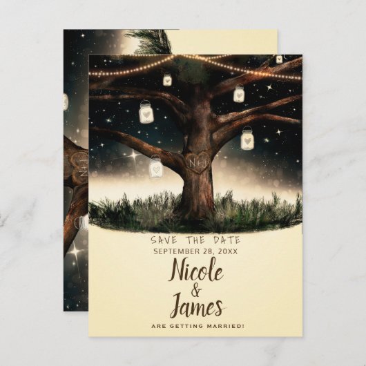 Rustieke nachtboom met lichten en potten Save the Aankondigingskaart (Voorkant / Achterkant)