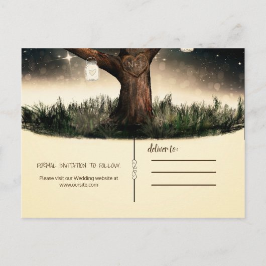 Rustieke nachtboom met lichten en potten Save the Aankondigingskaart (Achterkant)