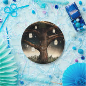 Rustieke nachtelijke boom met lichten en metselwer papieren bordje (Feest)