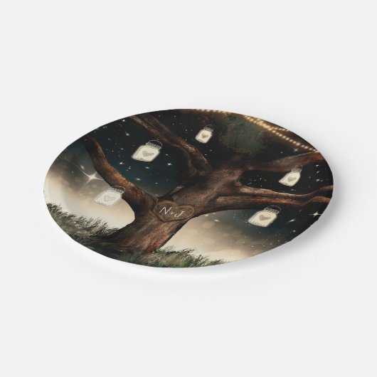 Rustieke nachtelijke boom met lichten en metselwer papieren bordje (Gekanteld)