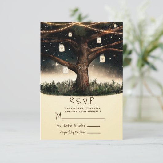 Rustieke nachtelijke boom met lichten en potten Hu RSVP Kaartje (Staand voorkant)