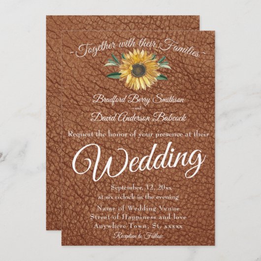 Rustieke namaak bruin leer gouden zonnebloem bruil kaart (Voorkant / Achterkant)