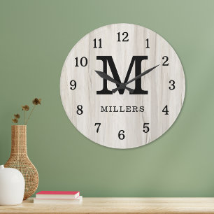Rustieke Natuurlijke Houten Familienaam Monogram Grote Klok