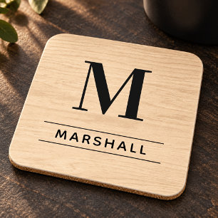 Rustieke Natuurlijke Houten Serif Monogram Naam Bier Onderzetter