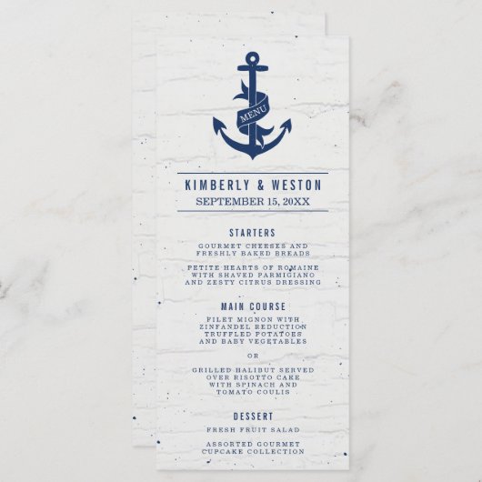 Rustieke Nautische Bruiloft Menu / Marine (Voorkant / Achterkant)