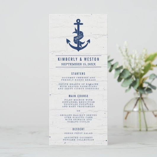 Rustieke Nautische Bruiloft Menu / Marine (Staand voorkant)
