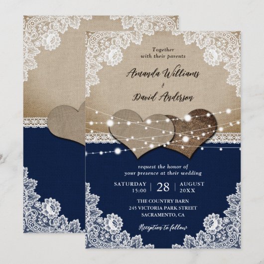 Rustieke Navy Blauw Burlap Kant Bruiloft Kaart (Voorkant / Achterkant)