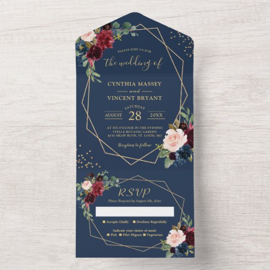 Rustieke Navy Blauw Goud Geometrische Bruiloft All In One Uitnodiging (Binnen)