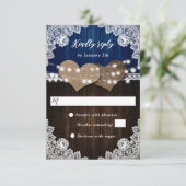 Rustieke Navy Blauw Hout Burlap Kant Bruiloft RSVP (Staand voorkant)