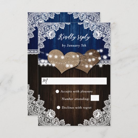 Rustieke Navy Blauw Hout Burlap Kant Bruiloft RSVP (Voorkant / Achterkant)