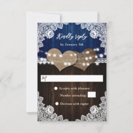 Rustieke Navy Blauw Hout Burlap Kant Bruiloft RSVP Kaartje
