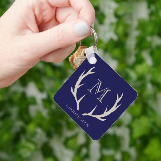 Rustieke Navy Blauwe Geweihoudende Aangepaste Brui Sleutelhanger (Hand)