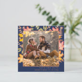Rustieke Navy Blauwe Herfst Herfstbladeren Foto Br Save The Date (Staand voorkant)