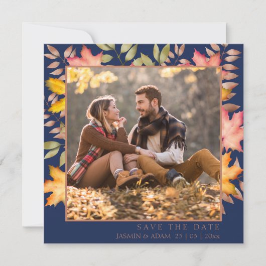 Rustieke Navy Blauwe Herfst Herfstbladeren Foto Br Save The Date (Voorkant)
