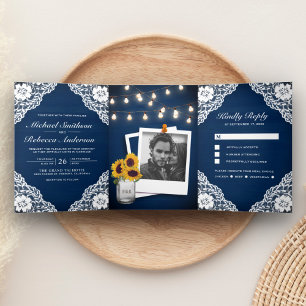 Rustieke Navy Blauwe Houten Kant Snoer Lichtjes Br Drieluik Uitnodiging