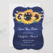 Rustieke Navy Blauwe Houten Zonnebloem Bruiloft Save The Date (Voorkant)