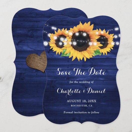 Rustieke Navy Blauwe Houten Zonnebloem Bruiloft Save The Date (Voorkant / Achterkant)