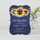 Rustieke Navy Blauwe Houten Zonnebloem Bruiloft Save The Date (Staand voorkant)