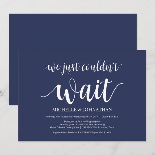 Rustieke Navy Blauwe Trouw Elopement Ontvangst Kaart (Voorkant / Achterkant)