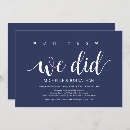 Rustieke Navy Blauwe Trouw Elopement Ontvangst Kaart (Voorkant / Achterkant)