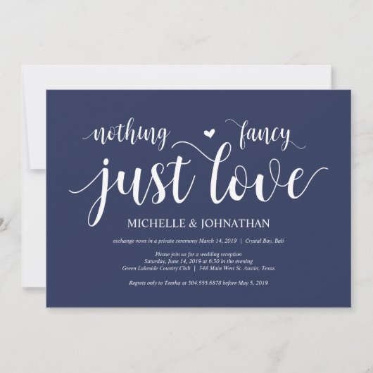 Rustieke Navy Blauwe Trouw Elopement Ontvangst Kaart (Voorkant)