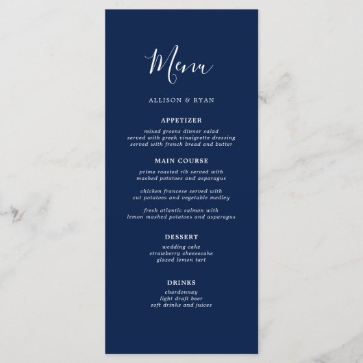 Rustieke Navy Blauwe Trouwmenu Menu (Voorkant)