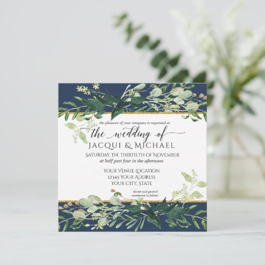 Rustieke Navy Blauwe Waterverf Eucalyptus Bruiloft Kaart (Staand voorkant)