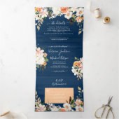 Rustieke Navy Blue Blush & Peach Wedding Drieluik Uitnodiging (Binnen)