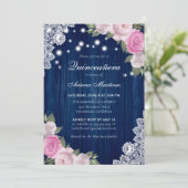 Rustieke Navy Blue Blush Roze Bloemen Quinceañera Kaart (Staand voorkant)