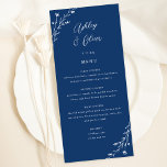 Rustieke Navy Blue Botanische bruiloft Menu Kaart<br><div class="desc">Deze mooie trouwreceptie menukaart heeft een mooie marineblauwe achtergrond met handgetekende wilde bloemen en een elegante typografie in het wit. Samen deze elementen creëer een rustiek maar toch elegant huwelijksmenu dat perfect zou zijn voor een romantische bruiloft op elk moment van het jaar. Dit ontwerp komt overeen met onze Rustic...</div>