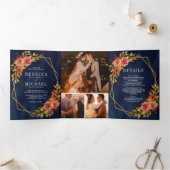 Rustieke Navy Blue Burnt Sinaasappel Bloemen Lijst Drieluik Uitnodiging (Binnen)