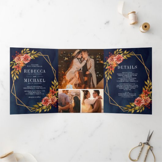 Rustieke Navy Blue Burnt Sinaasappel Bloemen Lijst Drieluik Uitnodiging (Binnen)