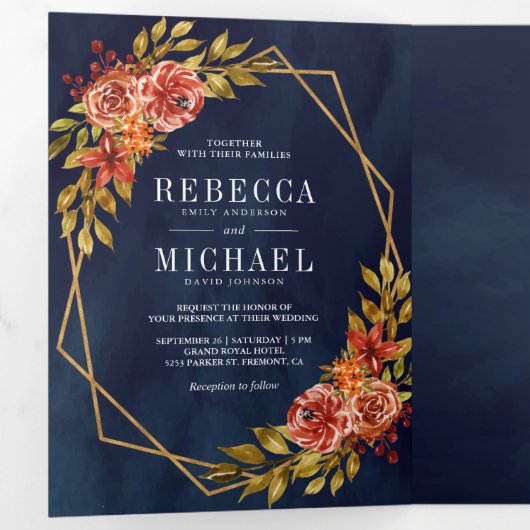 Rustieke Navy Blue Burnt Sinaasappel Bloemen Lijst Drieluik Uitnodiging (Binnenzijde eerst)