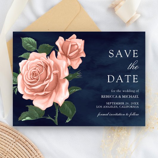Rustieke Navy Blue Dusty Peach Rozen Wedding Save The Date