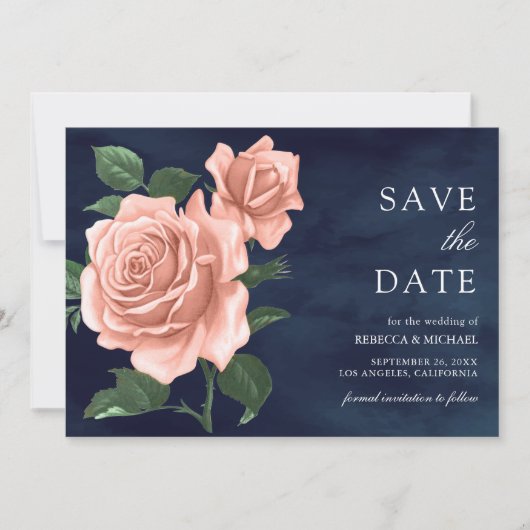 Rustieke Navy Blue Dusty Peach Rozen Wedding Save The Date (Voorkant)